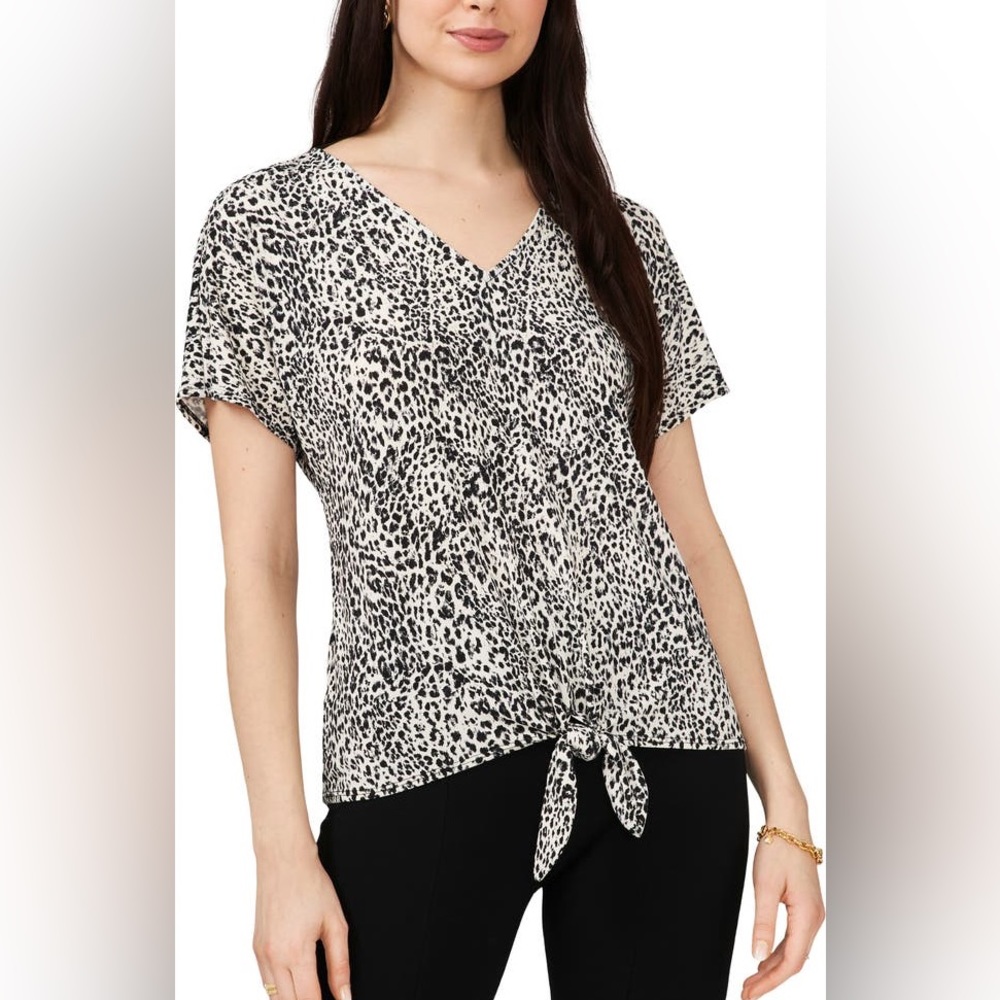 Chaus Black and White Animal Print V-neck Front Tie Blouse - Women size XL